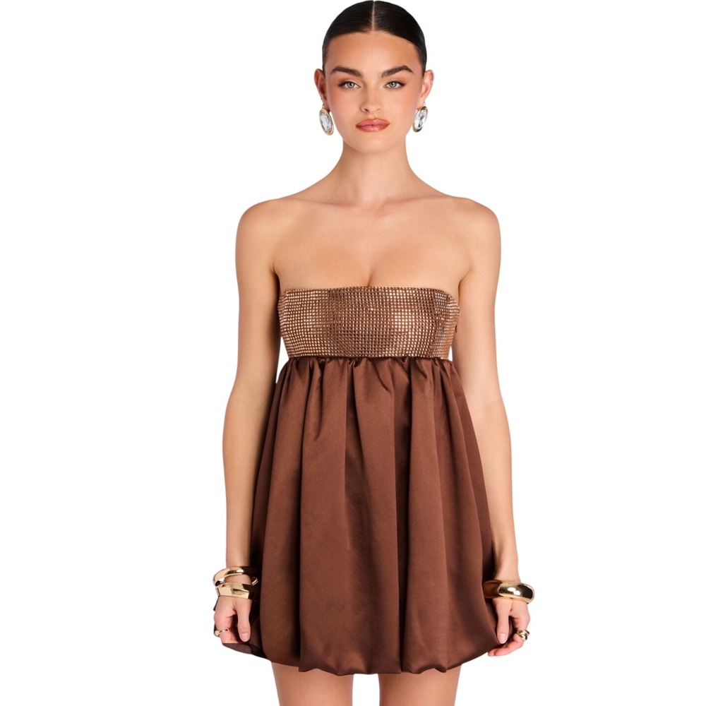 Retrofete Delfino Espresso Satin Crystal Studded Bubble Hem Mini Dress-NWT -S - Picture 7 of 15